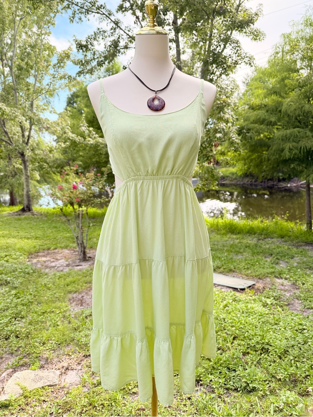 Serra Light Green Tiered Midi Dress Sleeveless Cut Out Cottagecore Boho M